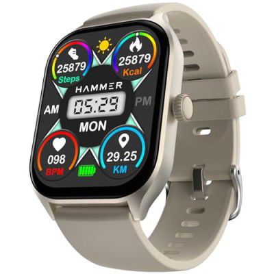 HAMMER Polar 2.01" IPS Always on Display, Advanced Bluetooth Calling Smart Watch, Dual Mode, Voice Assistant, Rotating Crown, Sleek Desgin, Sports Modes, 500 Nits Brightness, 240x296 PX (Ice Grey)