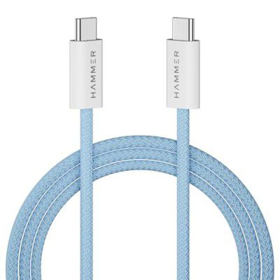 HAMMER Type C to Type C Cable 65W Braided, PD Fast Chraging, Data Sync, 1.5 Meter Tangle Free Wire, Compatible with all C-Type Enabled Devices (Blue)