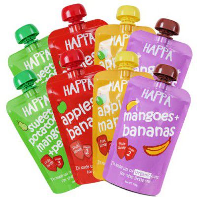 Happa Organic Food for little one, Fruit Puree (Apple+Mango, Mango+Banana, Apple+Banana, Sweet Potato+Mango+Pear) 8 Pouches, 100 Gram Each