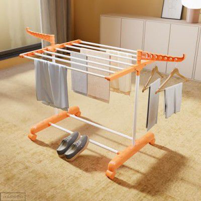 Happer Premium Double Supported Cloth Drying Rack | Foldable and Movable | 14 Hanger Rods | Mini Jumbo |White & Orange