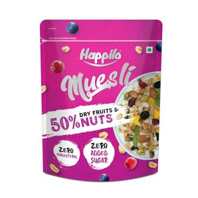 Happilo Loaded Fruit & Nuts Muesli 400g, Healthy Food for Breakfast, 50% Dried Fruits & Nuts, 4 Whole Grains, Prebiotics Fiber, Naturally Cholesterol Free, No Added Sugar