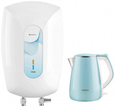 Havells Aqua Plus 1.2 litre Double Wall Kettle / 304 Stainless Steel Inner Body / Cool touch outer body / Wider mouth/ 2 Year warranty (Blue, 1500 Watt) & Carlo 3 Litre Instant Water Heater