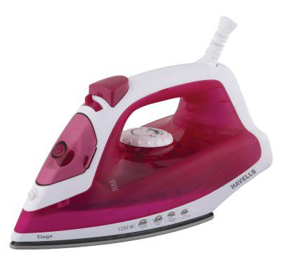 Havells Tinyo 1250 Watt Steam Iron with Powerfull Steam Spay | Horizontal Steaming | Self Clean | 200ML Tank Capacity | 2 Years Warranty (Pink)