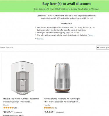 Havells Water Purifier Free on Purchase of Havells Studio Meditate AP 400 Air purifier