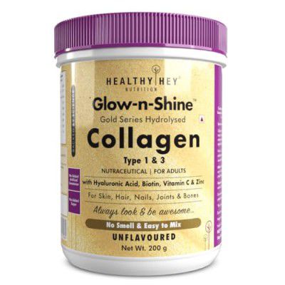 HealthyHey Skin Glow-n-Shine Collagen Power 200g | Hydrolysed Collagen for Women and Men with Hyaluronic Acid, Biotin and Vitamin C for Healthy Skin, Hair and Nails - (Unflavoured, 200gm)