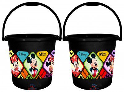 Heart Home Disney Minnie Mickey Print Unbreakable Virgin Plastic Strong Bathroom Bucket ,18 LTR-Pack of 2 (Black)