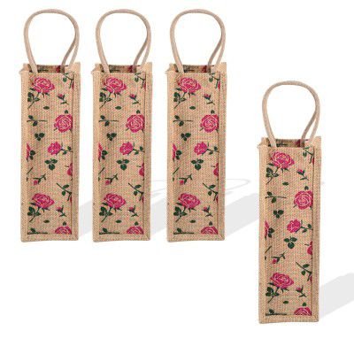 Heart Home (Pack of 4) Jute Bottle Bag | Bottle Carry Bags | 1 LTR | Office Bottle Bag | Wine Bottle Bag | Reusable Bottle Bag with Handle | Travel Bottle Bag | Small Rose-Print | Pink