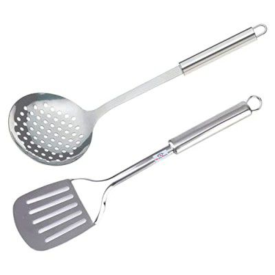 Heart Home Slotted Turner & Skimmer|Stainless Steel Serving Set|Nonstick Cooking Set|Utensils Cookware Gadgets for Kitchen|Pack of 2 (Silver)