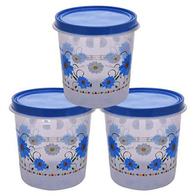 Heart Home Storage Container|Durable Plastic Floral Design BPA Free Food Kitchen Organizer with Lid|Food Utility Jar, 7 LTR, Pack of 3 (Blue)