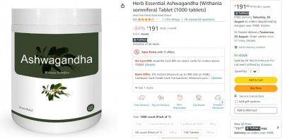 Herb Essential Ashwagandha (Withania somnifera) Tablet (1000 tablets)