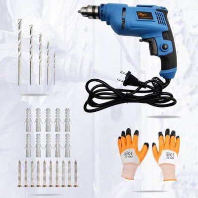 Hillgrove HGCM65M3 500W Power Drill Machine with Gloves, 10Pcs Screws,Plastic Gitti,5Pcs Drill Bit Set Impact Driver (10 mm Chuck Size, 500 W)