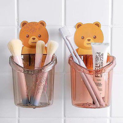 Hilosofy™ Toothbrush Holder (Set of 2 Pcs) Plastic Stand for Toothpaste, Comb, Brush, Cream, Lotion Kids Bathroom Cup Drain Waterproof Self-Adhesive, Teddy Bear