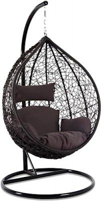 Hindoro Rattan Wicker Wrought Iron Single Seater Swing Chair with Stand & Cushion & Hook Outdoor || Indoor || Balcony || Garden || Patio || Living Outdoor Furniture (Black with Dark Brown, Oval)