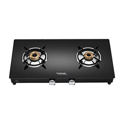 Hindware ARMO Plus 2 Burner Glass Gas Stove with Scratch Resistant Powder Coated Body and Highly Efficient Corrosion Resistant Brass Burners (Black, Manual Ignition)