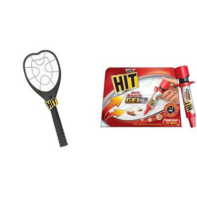 HIT Anti Mosquito Racquet - Rechargeable Insect Killer Bat with LED Light (6 Months Warranty) & HIT Anti Roach Gel - Cockroach Killer Combo