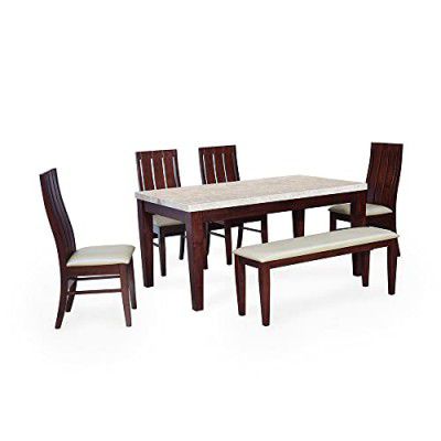 @home by Nilkamal Ashton 6 Seater Solid Wood Dining Table Set with Chairs & Bench in Milky White & Walnut Finish 