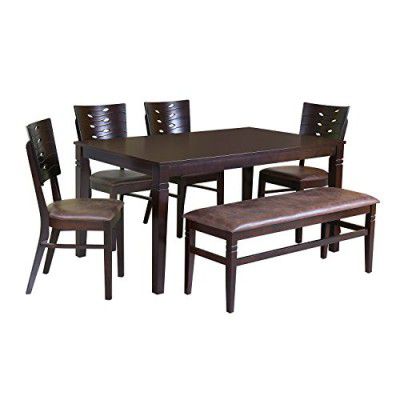 @home by Nilkamal Fern 6 Seater Solid Wood Dining Set With Chairs & Bench in Erin Brown Finish For Dining & Kitchen Room