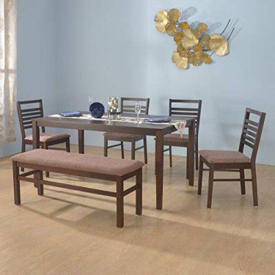 @home by Nilkamal Gem 6 Seater Solid Wood Dining Set With Chairs & Bench in Cappucino Finish