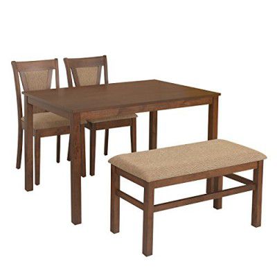 @home by Nilkamal Jewel Solid Rubber Wood Dining Table 4 Seater | Four Seater Wooden Table with Two Chairs and 1 Bench with Cushion