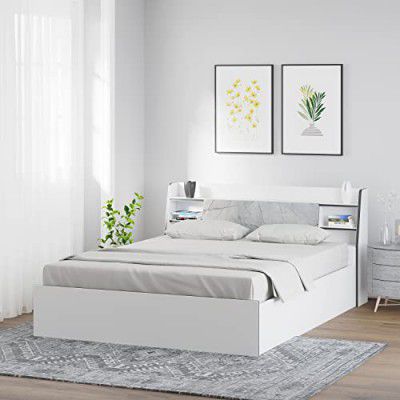 @home by Nilkamal Marbito Engineered Wood Queen Bed with Headboard & Box Storage (White)