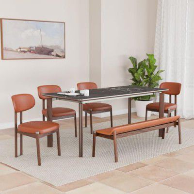 @home by Nilkamal Trinity 1+4+Bench Dining Kit | American Walnut Wood Construction | Includes a 6-Seater Table, 4 Chairs and a Bench