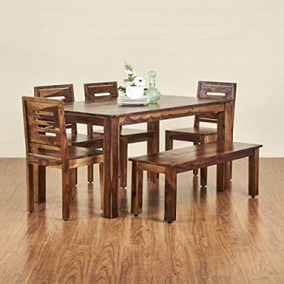 Home Centre Adana Brown Sheesham Wood 6 Seater Dining Set with 1 Bench and 4 Chairs