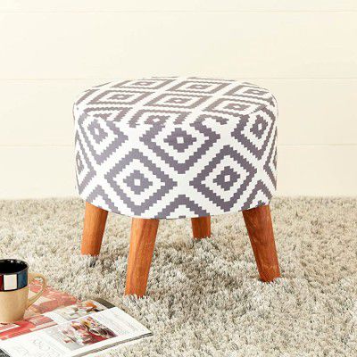 Home Centre Geometry Blue Printed Fabric Small Ottoman