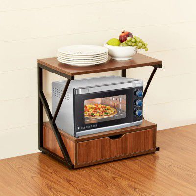 Home Centre Helios Bioni Brown Engineered Wood 2-Tier Microwave Rack with Drawer, 21 * 13 * 19 inches