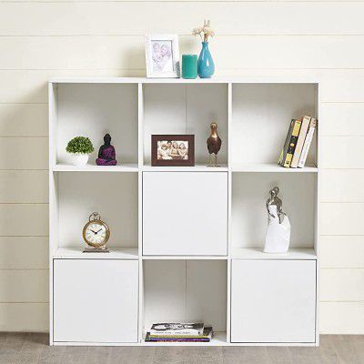 Home Centre Helios Neva White Engineered Wood Book Cabinet with 9 Shelves, Walnut, 35 * 12 * 39 inches (Helios NEVA 3 Door Open)