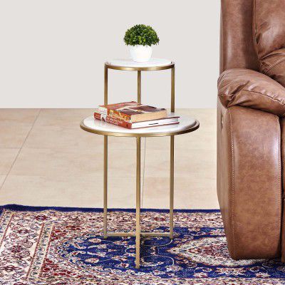 Home Centre Velvetica Gold Two-Tier Marble Top Metal Accent Table