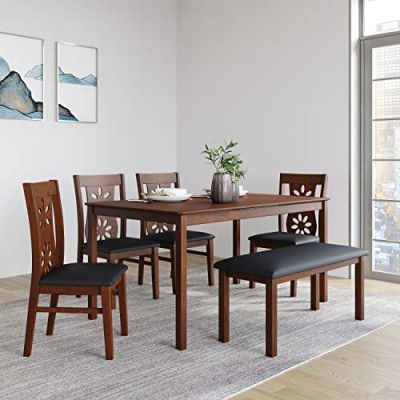 @home by Nilkamal Rigel 6 Setaer Solid Wood Dining Set With Chairs & Bench in Dark Walnut Finish For Dining & Kitchen Room