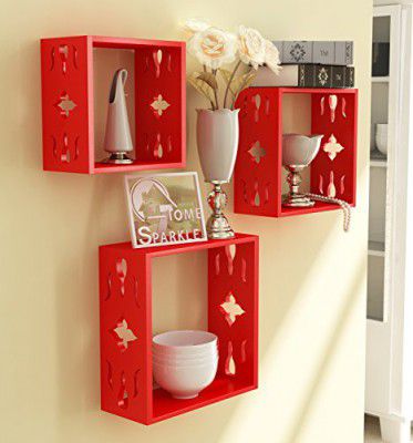 Home Sparkle Sh688 Wall Shelf, Set of 3 (Lacquer Finish, Red) - Engineered Wood