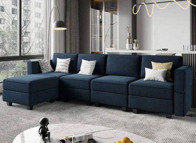 Homeify Skyler 5 Seater Sectional Sofa Set for Living Room Fabric 5 Seater Sofa  (Finish Color - Blue, DIY(Do-It-Yourself))