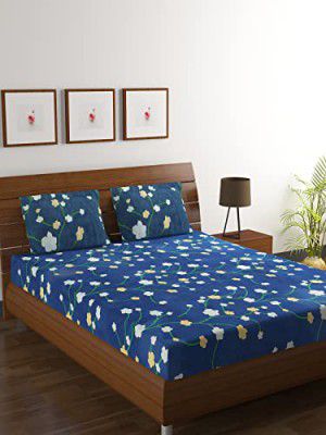 HOMETALES Microfiber Floral Printed Double Bed Sheet with 2 Pillow Covers -Navy Blue