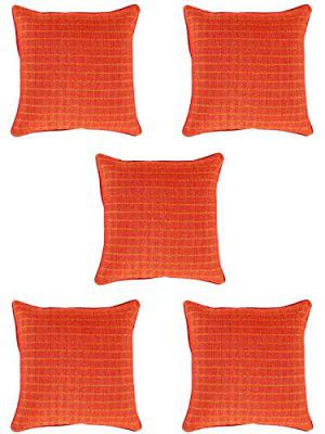 HOMETALES Pack of 5 Polyester Checks Solid Square Cushion Cover 40x40 Cm Orange