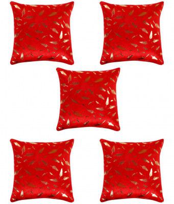 HOMETALES Pack of 5 Polyester Leaf Foil Printed Square Cushion Cover 40x40 Cm Red