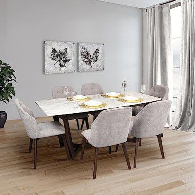 HomeTown Bianco Marble Finish Six Seater Dining Set in Dark Walnut Colour