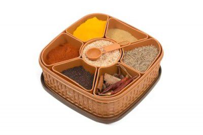 HomeWiz Plastic Square 7 Sections Multipurpose Masala Rangoli Dabba Box Set, Spice Box Set - Brown (Masala Box - 7 in 1)