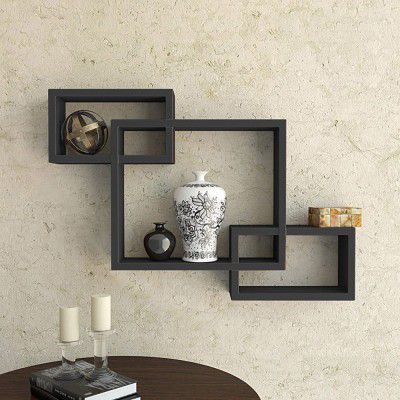 Hoopy Wall Mounted Rectangle Shape Wooden Wall Shelves for Wall Decor Set of 3 (Black)