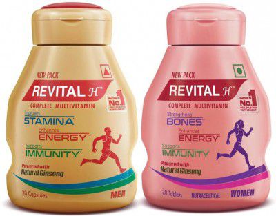 Revital H Multivitamin For Men+Women With Natural Ginseng, 10 Vit & 9 Min (30Tab + 30Cap) (2 x 30 Capsules)