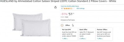 HUESLAND by Ahmedabad Cotton Sateen Striped 220TC Cotton Standard 2 Pillow Covers - White