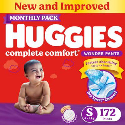 Huggies Complete Comfort Wonder Pants | Pant Style Diapers S Size (4 to 8 Kgs), Pack of 172 Diapers