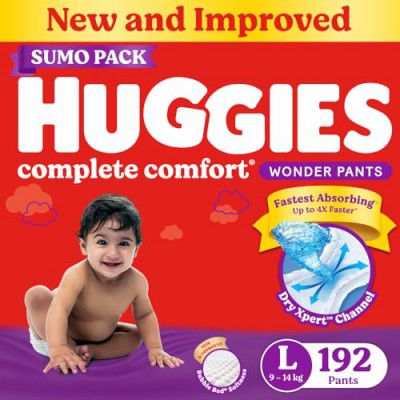 Huggies Complete Comfort Wonder Pants Large (L) Size (9-14 Kgs) Baby Diaper Pants, 192 count