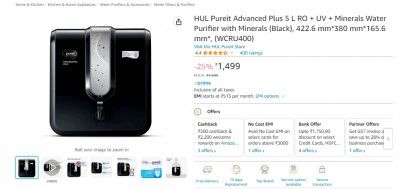 HUL Pureit Advanced Plus 5 L RO + UV + Minerals Water Purifier with Minerals (Black), 422.6 mm*380 mm*165.6 mm*, (WCRU400)