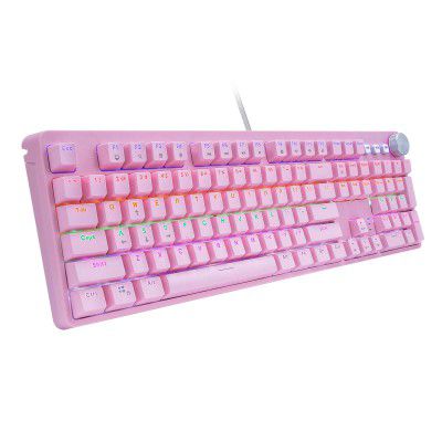 HUO JI Mechanical Gaming Keyboard, USB Wired with Blue Switches, Rainbow LED Backlit, Multimedia Keys, Pink