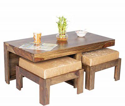 Ikiriya 100% Solid Sheesham Wood 2 Seater Centre Table Set - Teak Finish ; Ivory Velvet