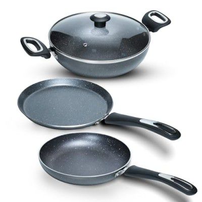 Impex Migo Non Stick Cookware Set Granite 4 Pcs Induction Bottom Cookware Set 3 mm Thick, 5-Layer Super Granite Nonstick Coated Cookware Set,Two Sides Spatter Design, 1 Year Warranty