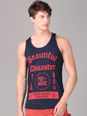 IMYOUNG Men Navy Blue & Red Typography Printed Innerwear Vests