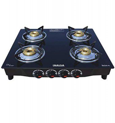 Inalsa Dazzle Open Glass Top 4 Burner Gas Stove, Manual Ignition, Black