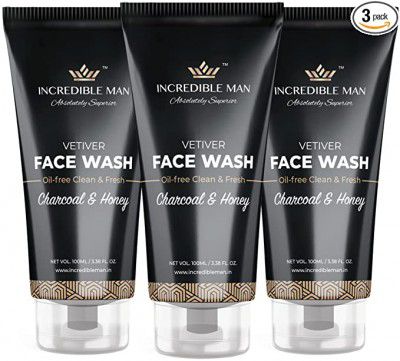 Incredible Man Natural Face Wash Combo | Charcoal & Honey | Skin Protectant & Oil Free | Sulphate & Paraben Free | 100ml each (Pack of 3)